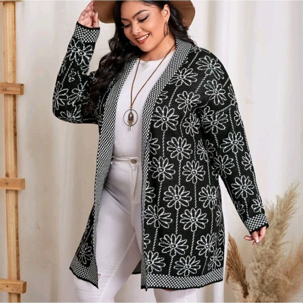 Plus Floral Pattern Drop Shoulder Open Front Cardigan - Picture 5 of 7
